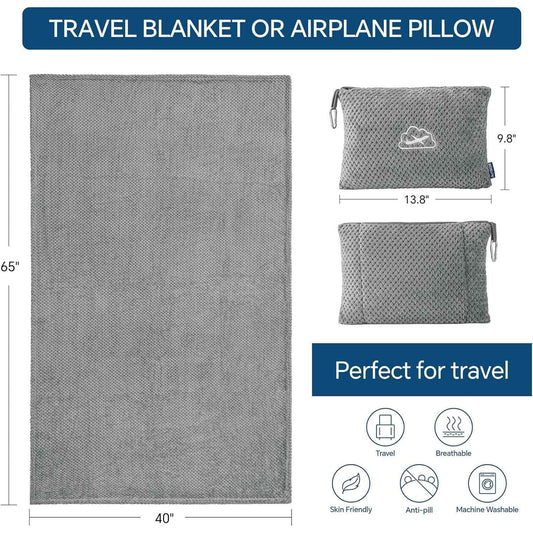 2-in-1 Ultra-Soft Flannel Travel Blanket with Pillow Travel Blanket Airplane Compact with Bag, Portable And Packable 2in 1 Jacquard Travel Pillow And Blanket Set, for Office, Sofa, Airplane & Car with Luggage Cover & Backpack