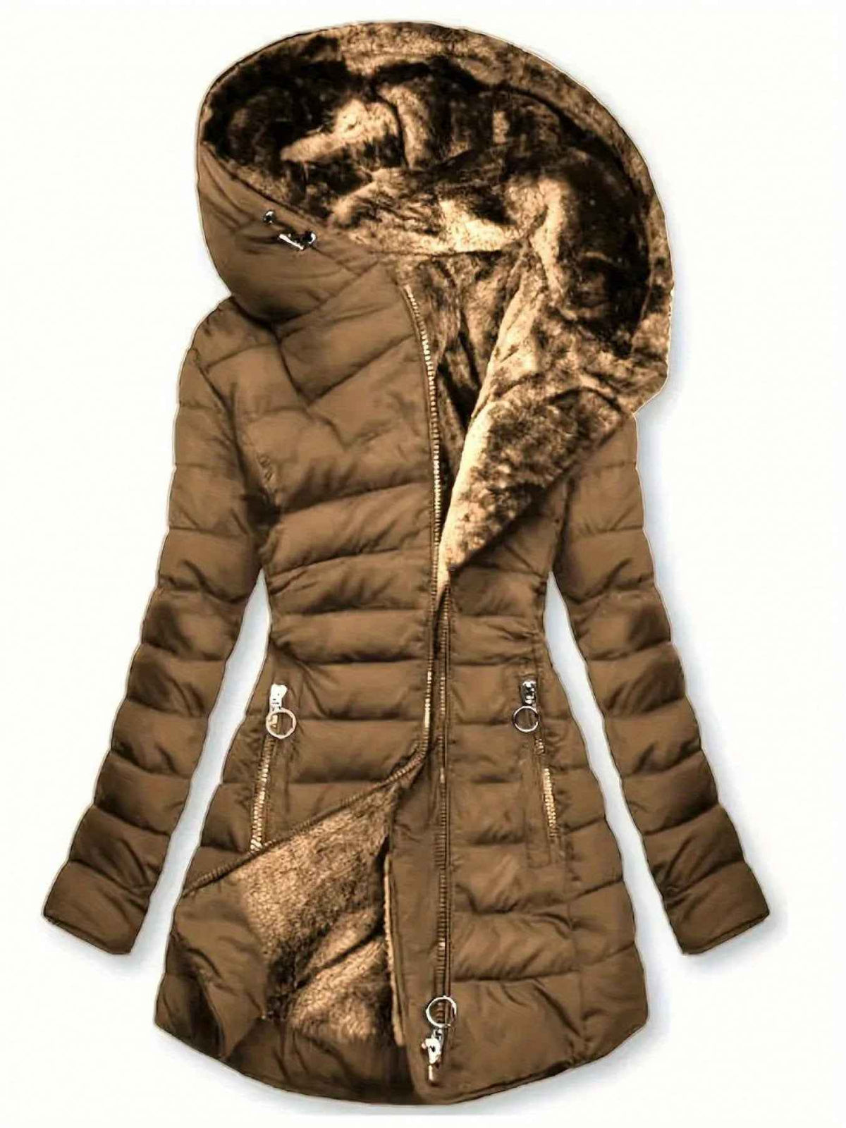 Women's Winter Warm Quilted Parka Coat, Padded Jacket with Hood, Full-Zip Front & Adjustable Waist Belt, Mid-Length Long Sleeve Outerwear for Cold Weather, Y2K Style, Beige/Tan, Hand Wash/Dry Clean