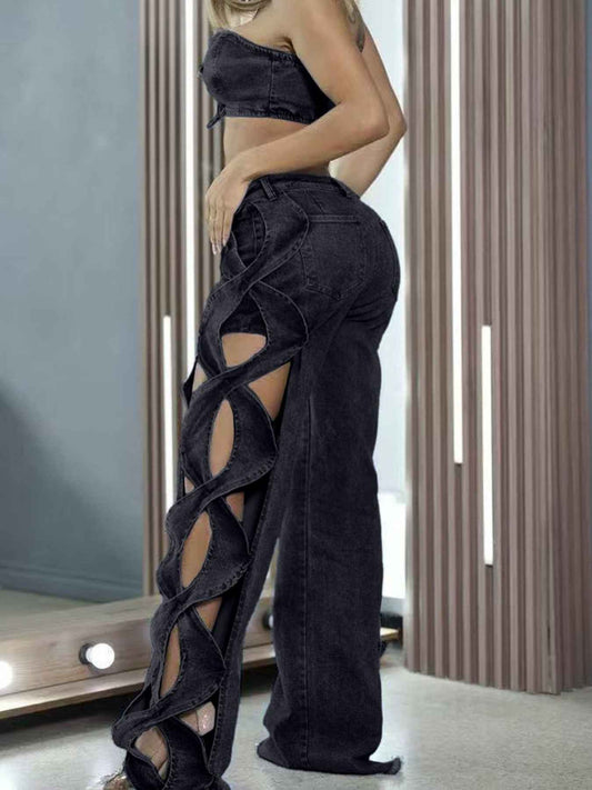 Women'S High-Waisted Wide-Leg Jeans with S-curve Side Cut-Out Design - Stretch Denim, Comfort Fit Leg-Lengthening Pants for Spring/Summer Streetwear & Date Nights, High Waisted Jeans, Date Night Attire, Fashionforward Look, S