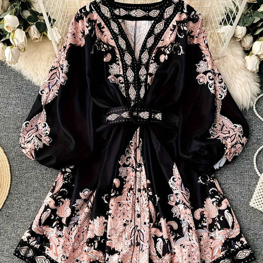 [Bohemian V-Neck Dress] Sleeveless Geometric Print Women's Bohemian V-Neck Mini Dress with Belt | Flared Bodice with Buttons, Pleated A-Line Skirt, Perfect for Spring & Summer Vacations, Casual Resort Wear