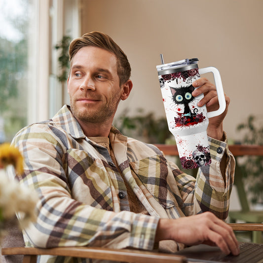 [Horror Cat Coffee Mug] Halloween Horror Cat Coffee Mug | 1pc Stainless Steel Insulated Cup 40oz with Lid & Straw, Large Capacity, White - Halloween Cat Cup SS69