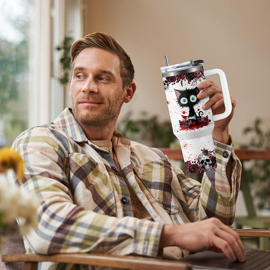 [Horror Cat Coffee Mug] Halloween Horror Cat Coffee Mug | 1pc Stainless Steel Insulated Cup 40oz with Lid & Straw, Large Capacity, White - Halloween Cat Cup SS69