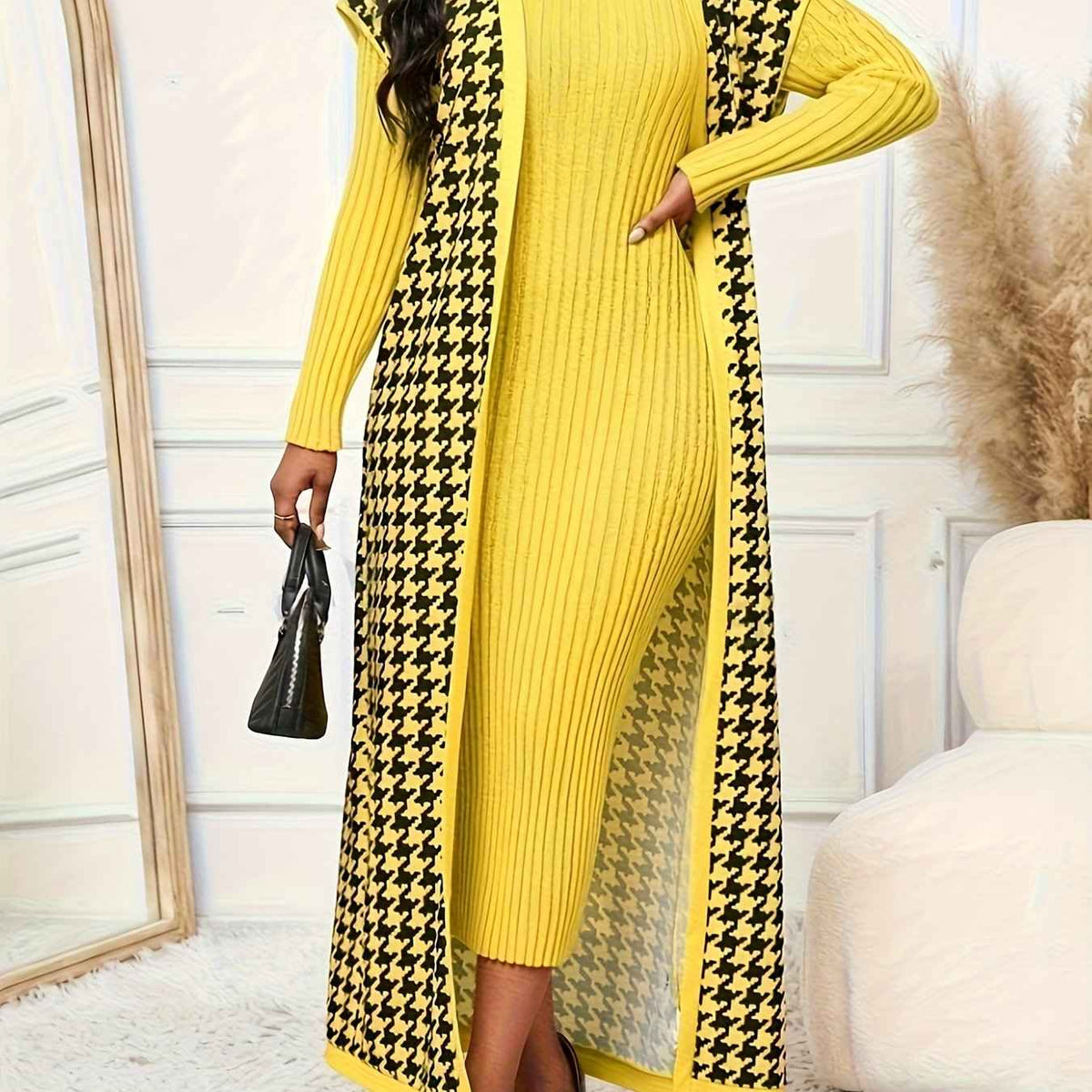Women's Elegant Houndstooth Print Cardigan Vest - Oversized Collar Long Sleeveless Jacket, Black/White/Yellow/Beige, Fall Winter Warm Coat, Machine Washable Blazer for Casual & Formal Wear