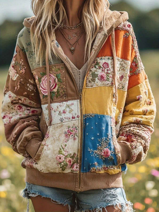 Plus Size, Women's Plus Size Vintage Bohemian Floral & plant print Hooded Jacket/Sweatshirt - Elegant Loose Fit Oversized Coat with Full-Length Zipper, H-Line Silhouette for Fall Winter Spring, Machine Washable for easy care