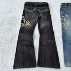 Women's Vintage Y2K Jeans - Mid-Rise Flared Pants, Washed Black Retro Leggings for 2000s Fashion Outfits, Casual & Formal Events - All-Season Jeans, Embroidered Details, Durable Fabric, Stylish Bottoms, Women, Trendy Outfit,