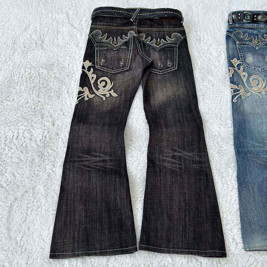 Women's Vintage Y2K Jeans - Mid-Rise Flared Pants, Washed Black Retro Leggings for 2000s Fashion Outfits, Casual & Formal Events - All-Season Jeans, Embroidered Details, Durable Fabric, Stylish Bottoms, Women, Trendy Outfit,