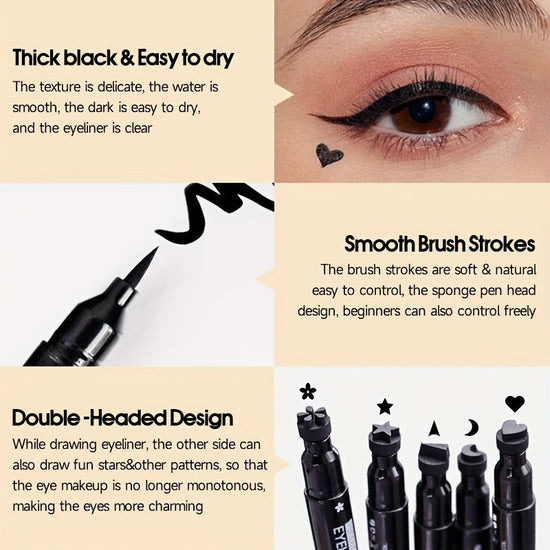 PECOLOVERS 2-in-1 Black Liquid Eyeliner Stamp Pen, Waterproof Quick Dry Love Heart Design, Cosmetic Makeup Tool SS69