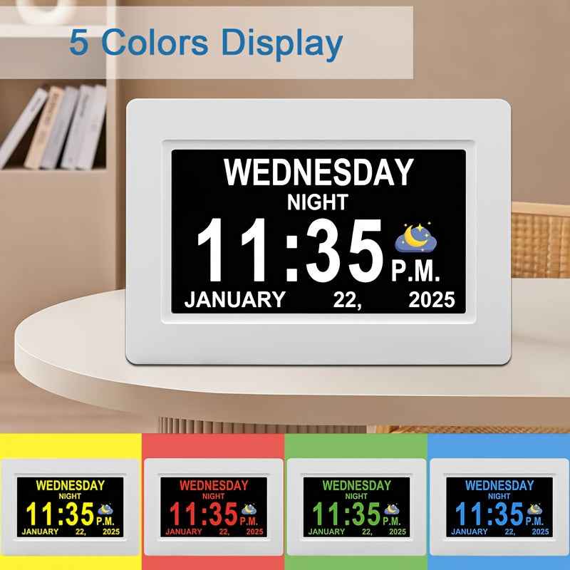 Large Digital Clock Designed for Seniors with Dementia, Featuring a Calendar Display, Alarms, And Functions As a Wall Clock Showing Day And Date. It Also Serves As an Alarm Clock, Desk Clock, Electronic Photo Frame, And Suppo