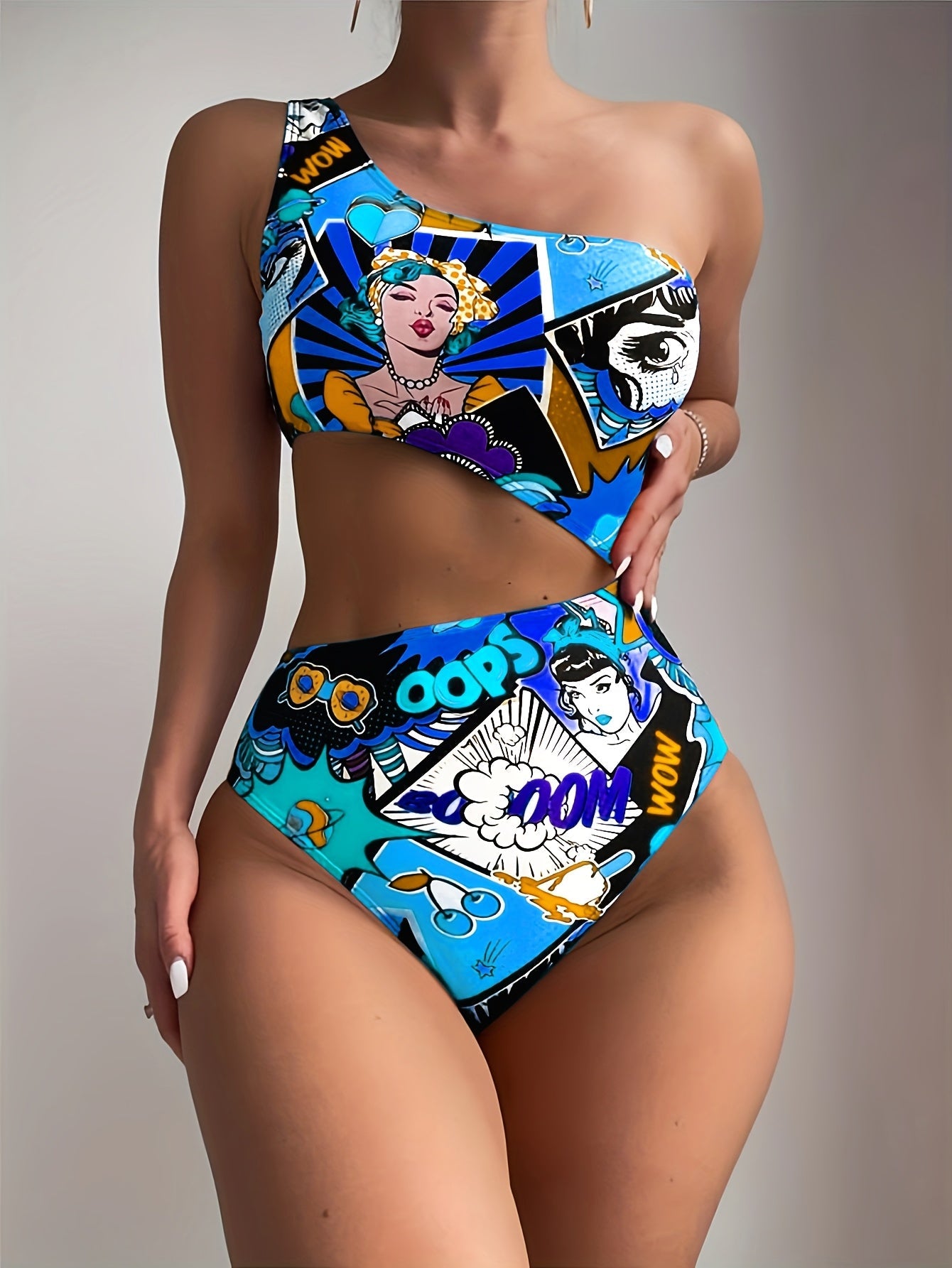 Women'S Vibrant One-Shoulder Swimsuit with Colorful Cartoon Characters - High Stretch, Asymmetrical Design, Perfect for Beach and Pool, Pool Swimsuit|Playful Design|One Shoulder Swimsui SS69