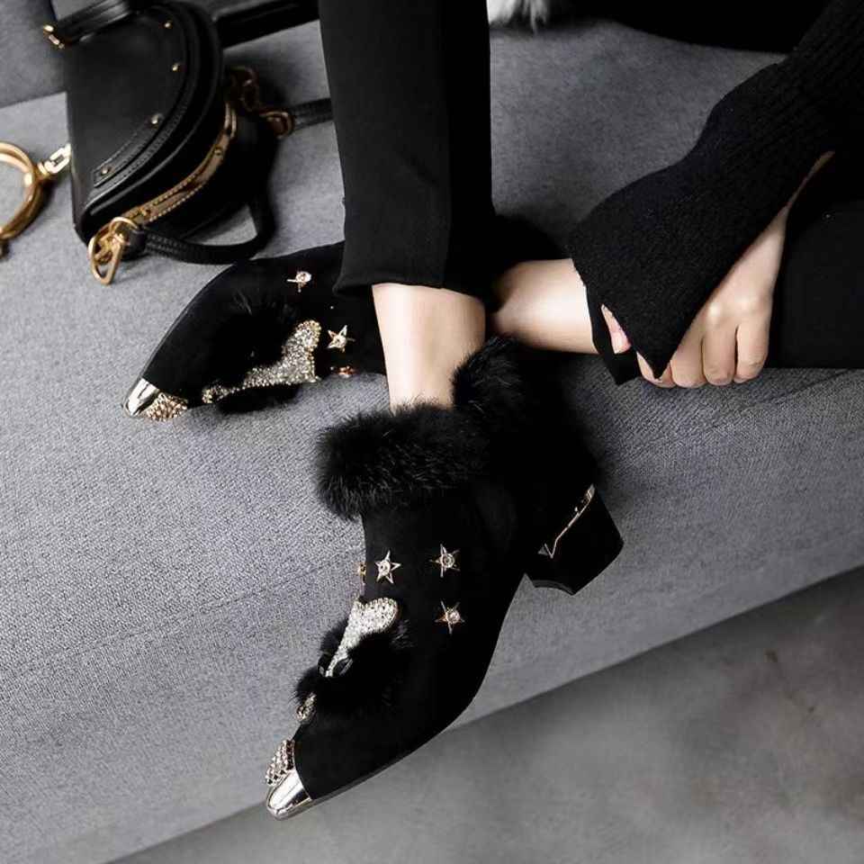 Fashio Pointed Toe faux fur Shoes for Women, Large Size, Fleece-Lined, Thick Heel, Thick Sole, Autumn Winter Warm Shoes