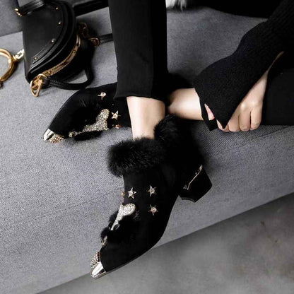 Fashio Pointed Toe faux fur Shoes for Women, Large Size, Fleece-Lined, Thick Heel, Thick Sole, Autumn Winter Warm Shoes