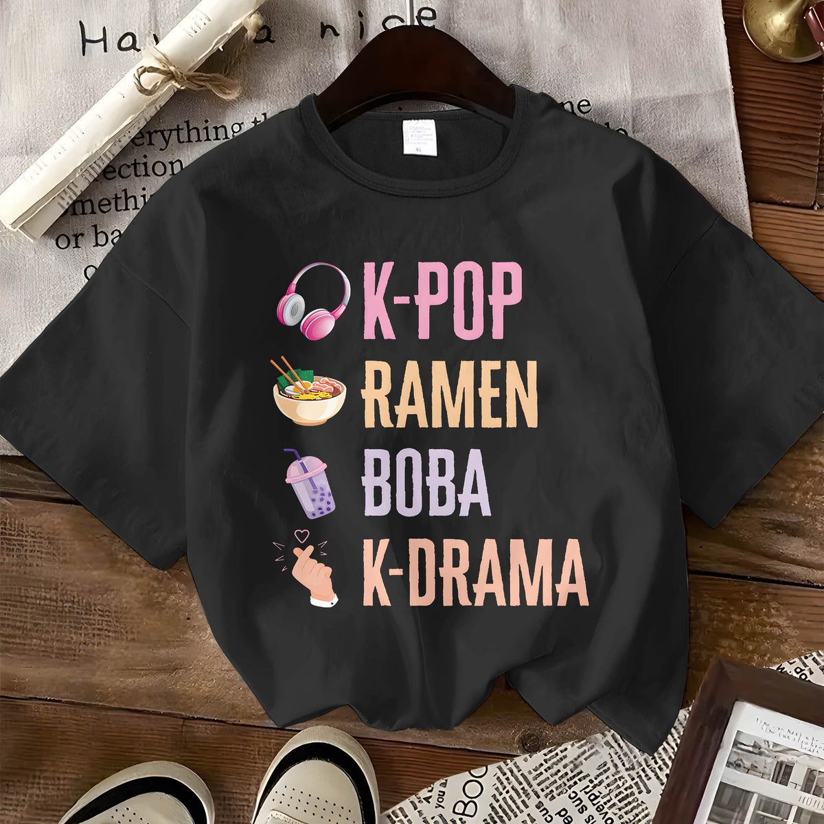 T-Shirt in 3 Colors - 180G [Popular Trendy Print] K-Pop Hand Symbol Kpop Ramen Bubble Tea Boba, Featuring a Printed Design on a Women'S Loose Round Neck Sweatshirt Hoodie, Long Sleeve T-Shirt Suitable for Casual Wear for Wome SS69 12.69 Black / XXL
