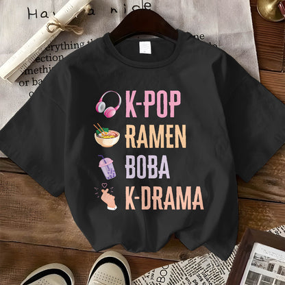 T-Shirt in 3 Colors - 180G [Popular Trendy Print] K-Pop Hand Symbol Kpop Ramen Bubble Tea Boba, Featuring a Printed Design on a Women'S Loose Round Neck Sweatshirt Hoodie, Long Sleeve T-Shirt Suitable for Casual Wear for Wome SS69 12.69 Black / XXL