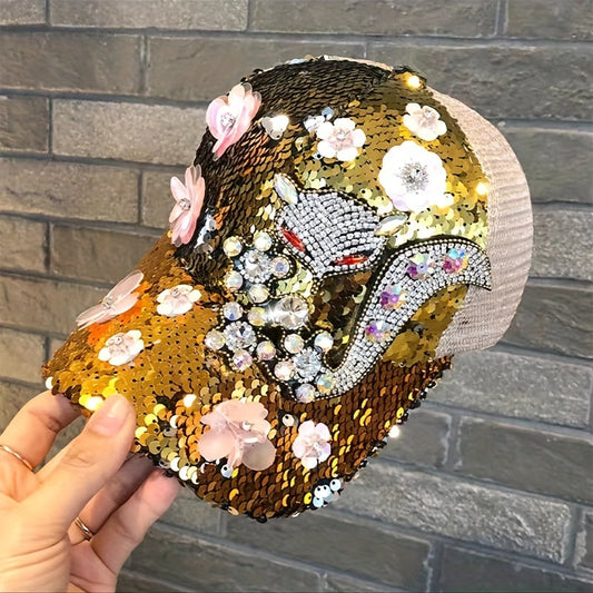 [Anime Baseball Cap] Anime Theme Women's Fashion Baseball Cap - Breathable Mesh, Adjustable Fit, Rhinestones and Floral Embellishments, Hot-stamping Craftsmanship, Sparkling Sequin Duckbill Hat, Carnival/Mardi Gras/Masquerade SS69