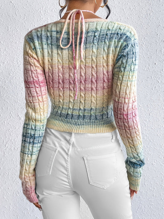 [Cable Knit] Women's Cable Knit Sweater - Casual, Cut Out, Long Sleeve - Gradient SS69