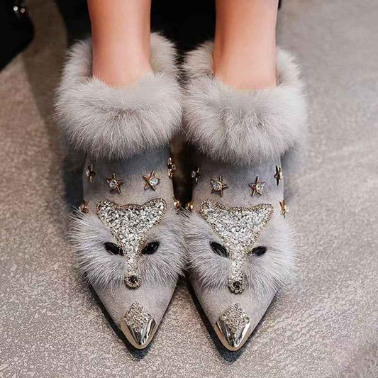Fashio Pointed Toe faux fur Shoes for Women, Large Size, Fleece-Lined, Thick Heel, Thick Sole, Autumn Winter Warm Shoes