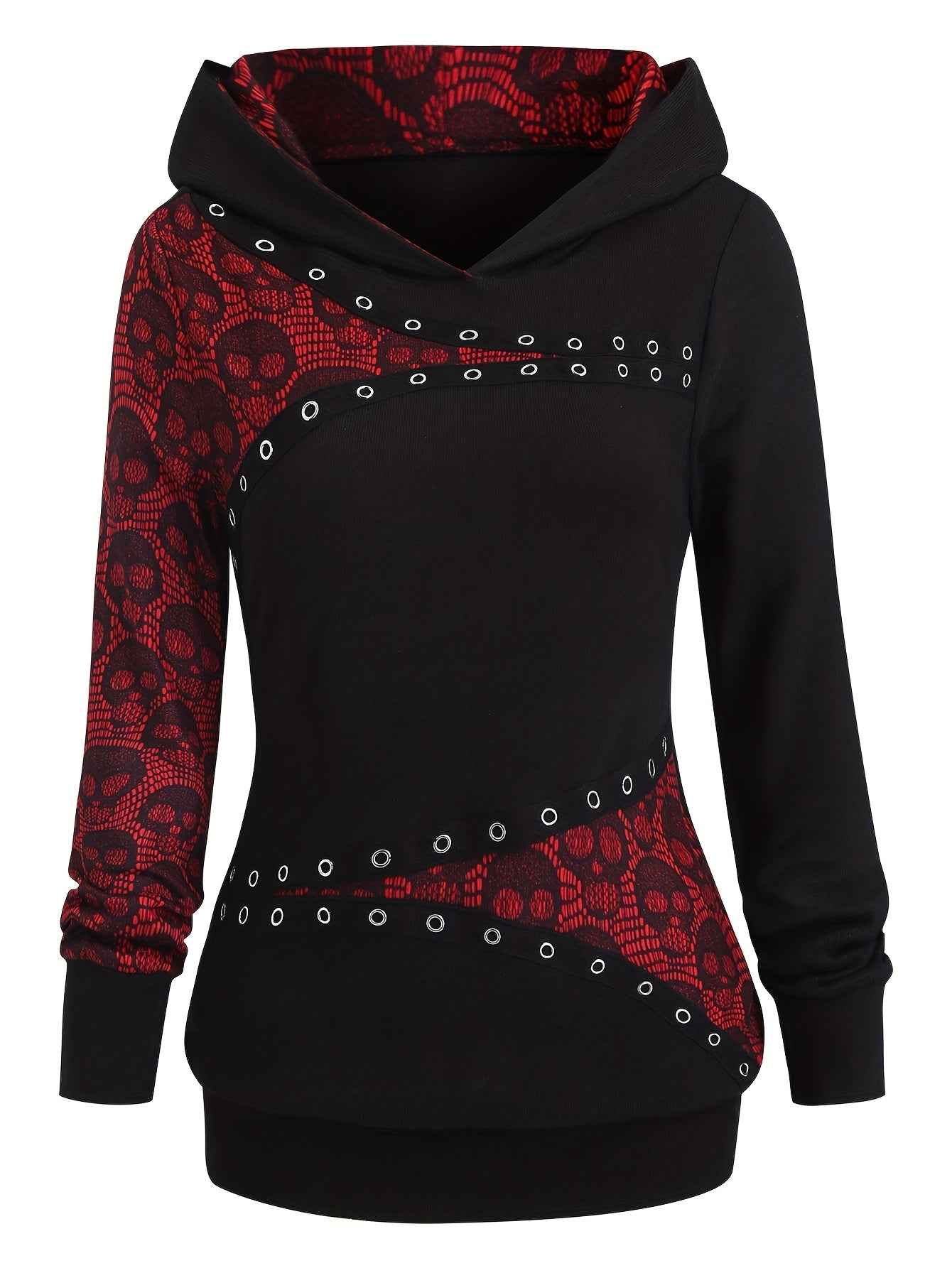 Women's Gothic Retro Skull & Lace-like Hooded Sweater - Black & White Color-Block Long Sleeve with Metal Grommet Eyelets, Slim-Fit Winter Warm Pullover, Machine Washable for Casual & Costume Outfits