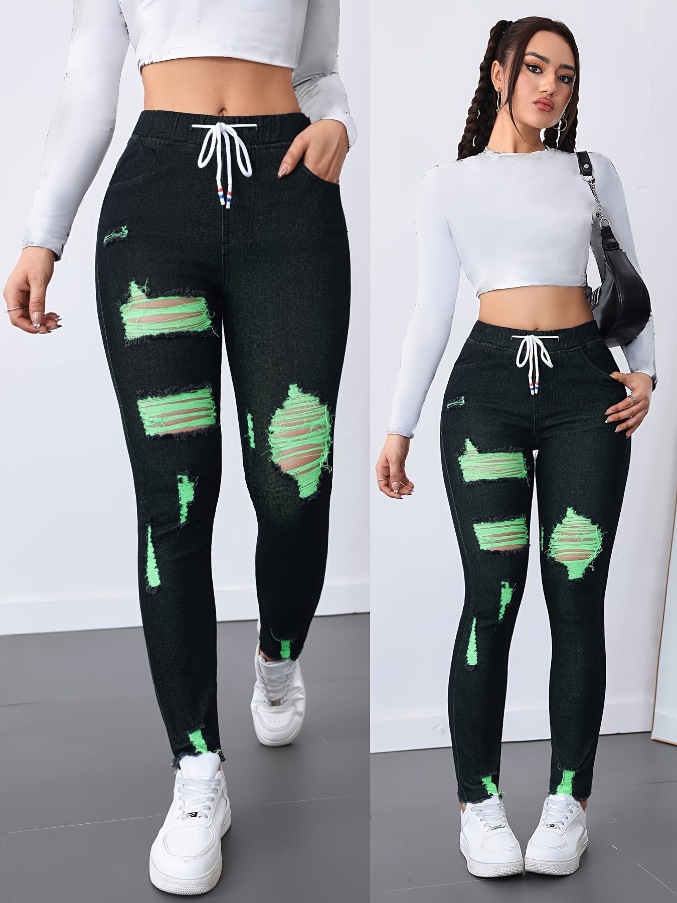 Women's High-Waisted Stretch Skinny Jeans - Black with Red & Green Thread Geometric Pattern, Y2K Distressed Ripped Cuffs & Slant Pockets, 85% Rayon/2% Elastane/13% Polyester Blend, Machine Washable All-Season Casual Pants SS69