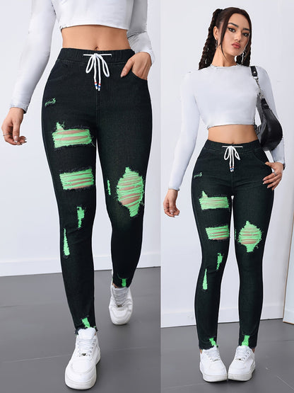 Women's High-Waisted Stretch Skinny Jeans - Black with Red & Green Thread Geometric Pattern, Y2K Distressed Ripped Cuffs & Slant Pockets, 85% Rayon/2% Elastane/13% Polyester Blend, Machine Washable All-Season Casual Pants SS69