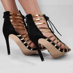 Black/Red Women's Hollow Lace-Up Heel Sandals Slim High Heel, Open Toe & Side Zipper Summer Evening Dress Shoes