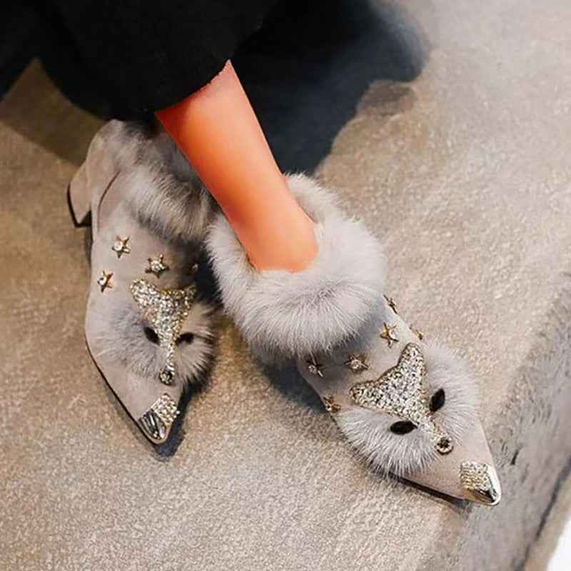 Fashio Pointed Toe faux fur Shoes for Women, Large Size, Fleece-Lined, Thick Heel, Thick Sole, Autumn Winter Warm Shoes