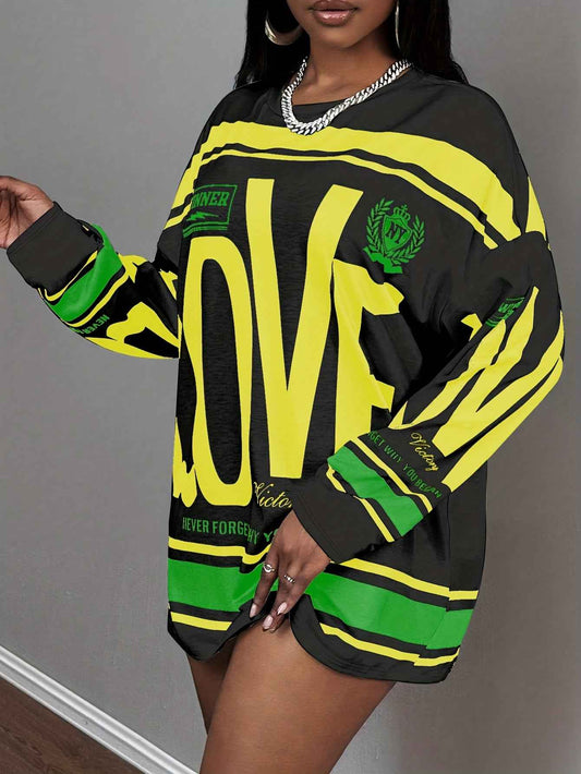 Plus Size - Plus Size - Plus Size - Plus Size - Plus Size Women'S Oversized "LOVE" Letter Print Long Sleeve T-Shirt - Casual Streetwear Style with Pink & Stripes, Comfortable Fabric For All Seasons, Versatile Fashion Top, Plu