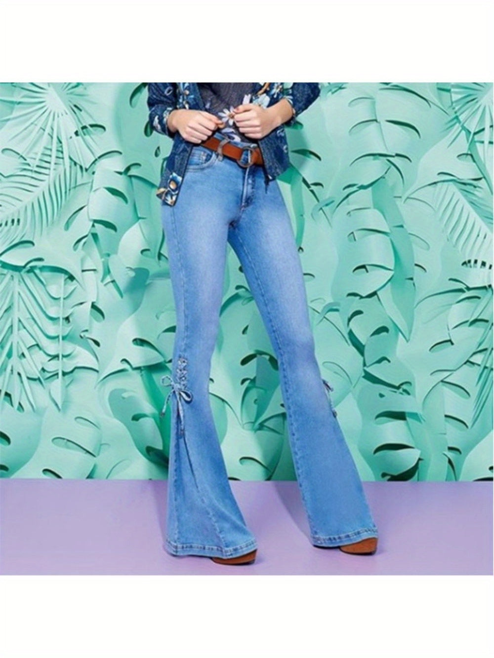 Women'S 100% High-Stretch Mid-Rise Slim Flared Jeans with Tie-Front Detail - SS69 