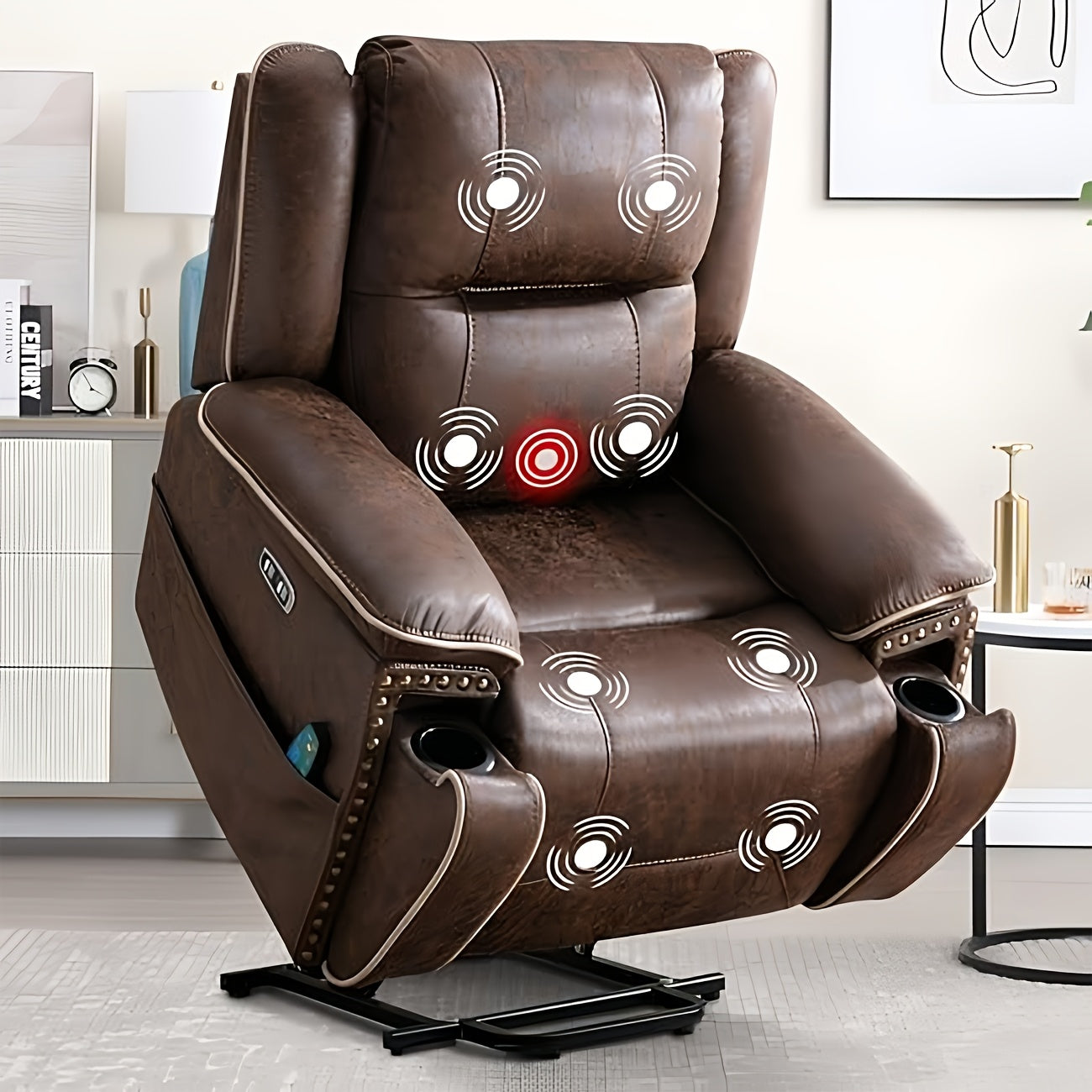 Dual Motor Large Power Lift Recliner Chairs with Massage And Heat for Big People, Electric Faux Leather Recliner with Adjustable Headrest, 2 Concealed Cup Holders, USB Ports, Home Comfort Chair, Elderly Seating, Modern Reclin SS69