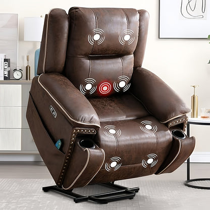 Dual Motor Large Power Lift Recliner Chairs with Massage And Heat for Big People, Electric Faux Leather Recliner with Adjustable Headrest, 2 Concealed Cup Holders, USB Ports, Home Comfort Chair, Elderly Seating, Modern Reclin SS69