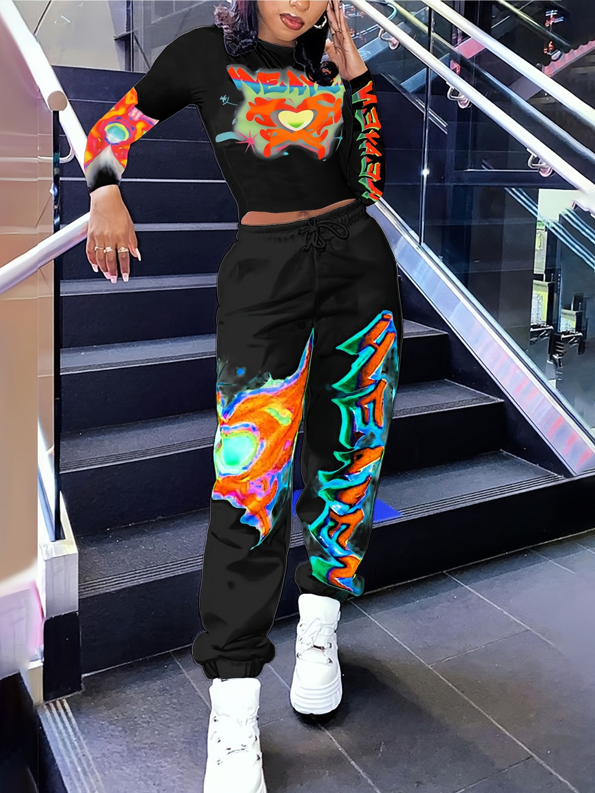 [Vibrant Y2K-Inspired Activewear Set] Vibrant Y2K-Inspired Heart & Letter Print Activewear Set - Long Sleeve Crop Top & Drawstring Joggers, Polyester/Spandex Blend, Perfect for Daily Fitness & Outdoor Fashion - SS69