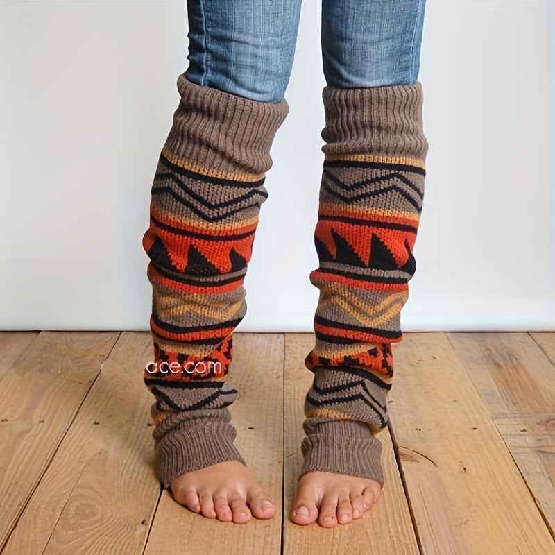 1 Pair Women'S Thermal Calf Socks - Winter Warmth with Multicolor Geometric Patterns (/Orange/Red/Teal/ - Soft Blend - Machine Washable, - Ideal For Skiing, Travel, Daily Wear - Cold Weather Essentials, Winter Socks, Colorblo