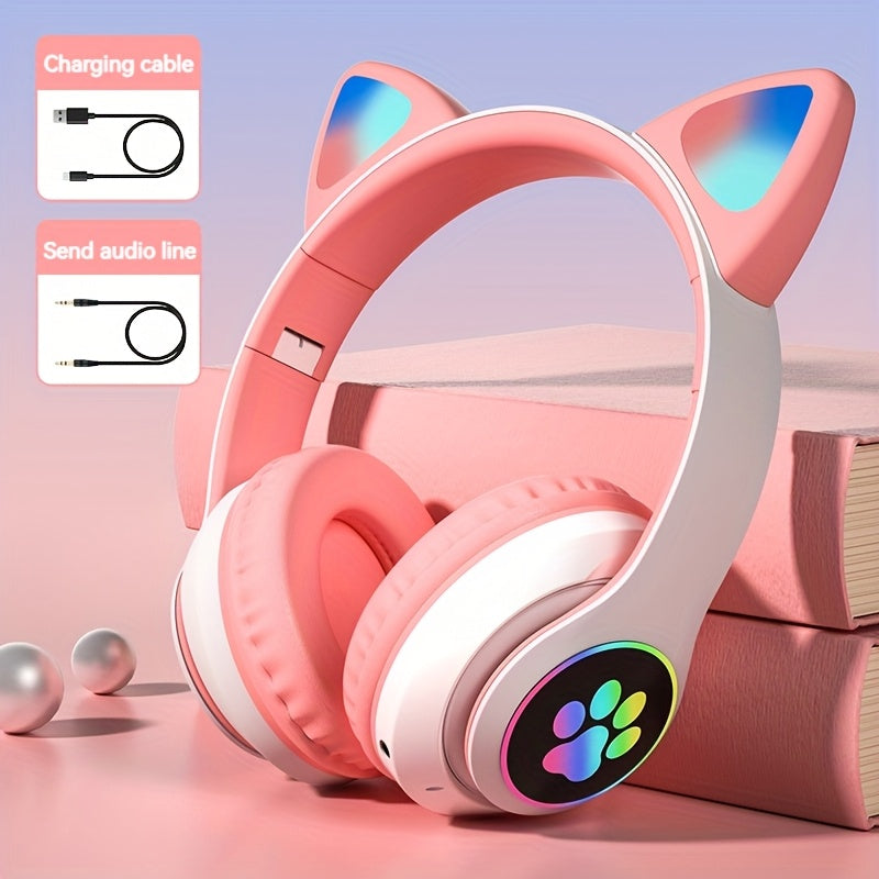 Wireless & Wired Foldable Cat Ear Over-Ear Gaming Headset With LED Lights - Hi-Fi Stereo, Detachable Audio Cable, Built-in Mic, USB Rechargeable, Perfect Gift For Anime & Gaming Girls SS69 18.69 Pink