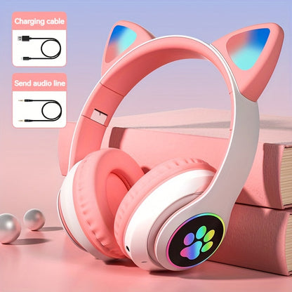 Wireless & Wired Foldable Cat Ear Over-Ear Gaming Headset With LED Lights - Hi-Fi Stereo, Detachable Audio Cable, Built-in Mic, USB Rechargeable, Perfect Gift For Anime & Gaming Girls SS69 18.69 Pink