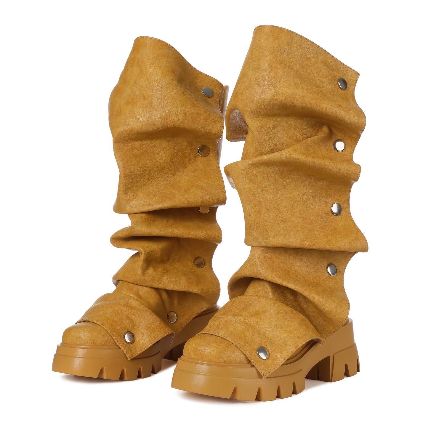 Women'S Round Toe Ruched Studded Mid Calf Chunky Heel Boots Stylish Boots Casual Dating Shoes SS69 64.69 US 10 / orange yellow