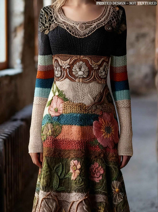 Women'S Retro Bohemian Floral Crochet Colorful Striped Comfortable Sweater Dress | Crew Neck, Vintage Style, Peplum Design