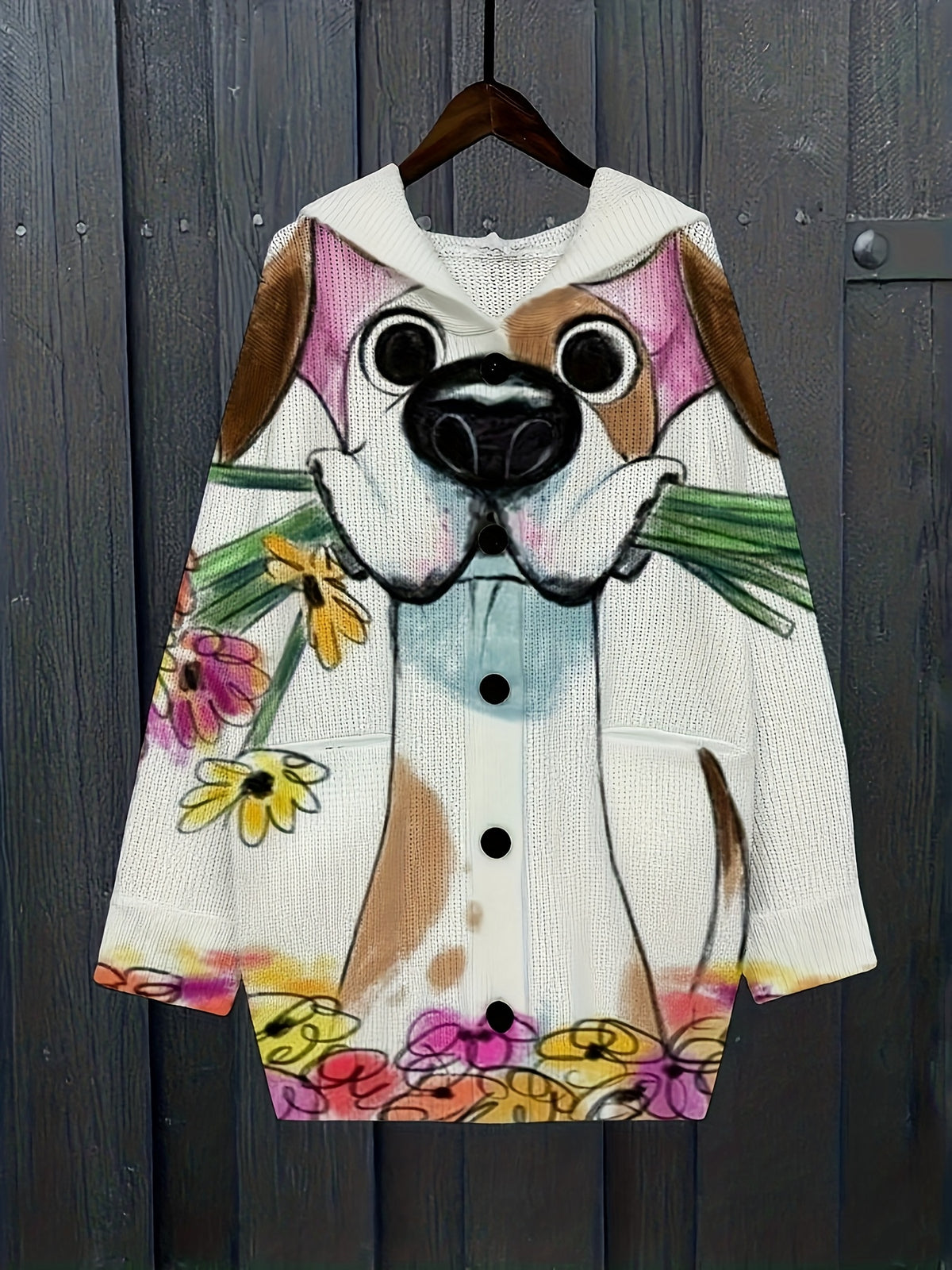 Plus Size Women'S Oversized Loose-Fit Hooded Sweater Jacket with Dalmatian Print & V-Neck - Cozy Winter Warm Coat, Machine Washable Casual Outerwear for Curvy Women, Plus Size Sweater Coat for Fall and Winter, Stylish Plus Si