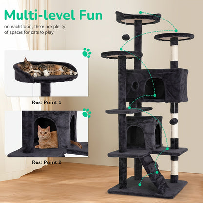 54/70" Multi-Level Cat Tree Tower with Scratching Posts & Cozy Condos, Space-Saving Indoor Cat Playhouse, Durable Plywood Construction, Fun Jumping Platforms, Multiple Colors Available for Cats SS69