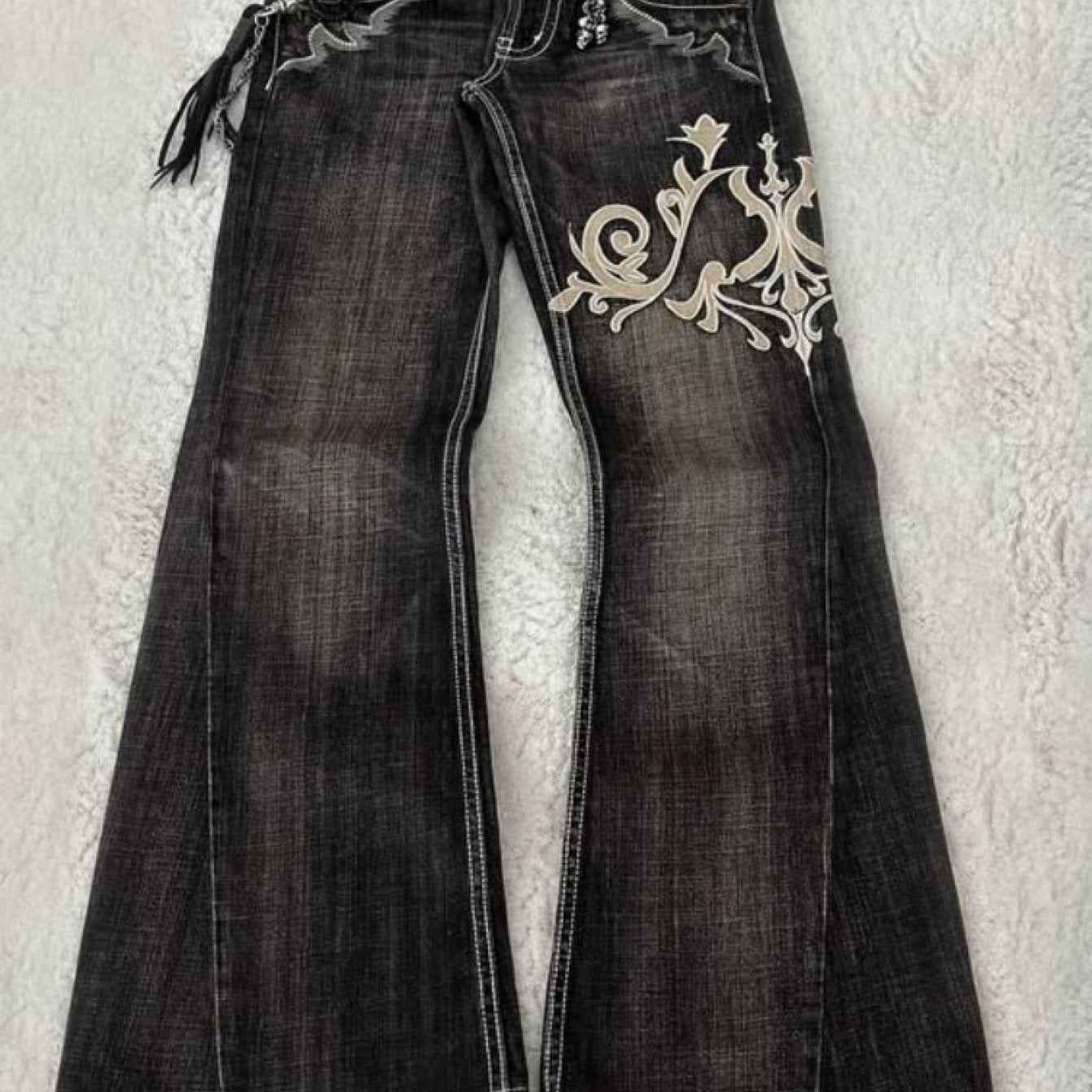 Women's Vintage Y2K Jeans - Mid-Rise Flared Pants, Washed Black Retro Leggings for 2000s Fashion Outfits, Casual & Formal Events - All-Season Jeans, Embroidered Details, Durable Fabric, Stylish Bottoms, Women, Trendy Outfit,