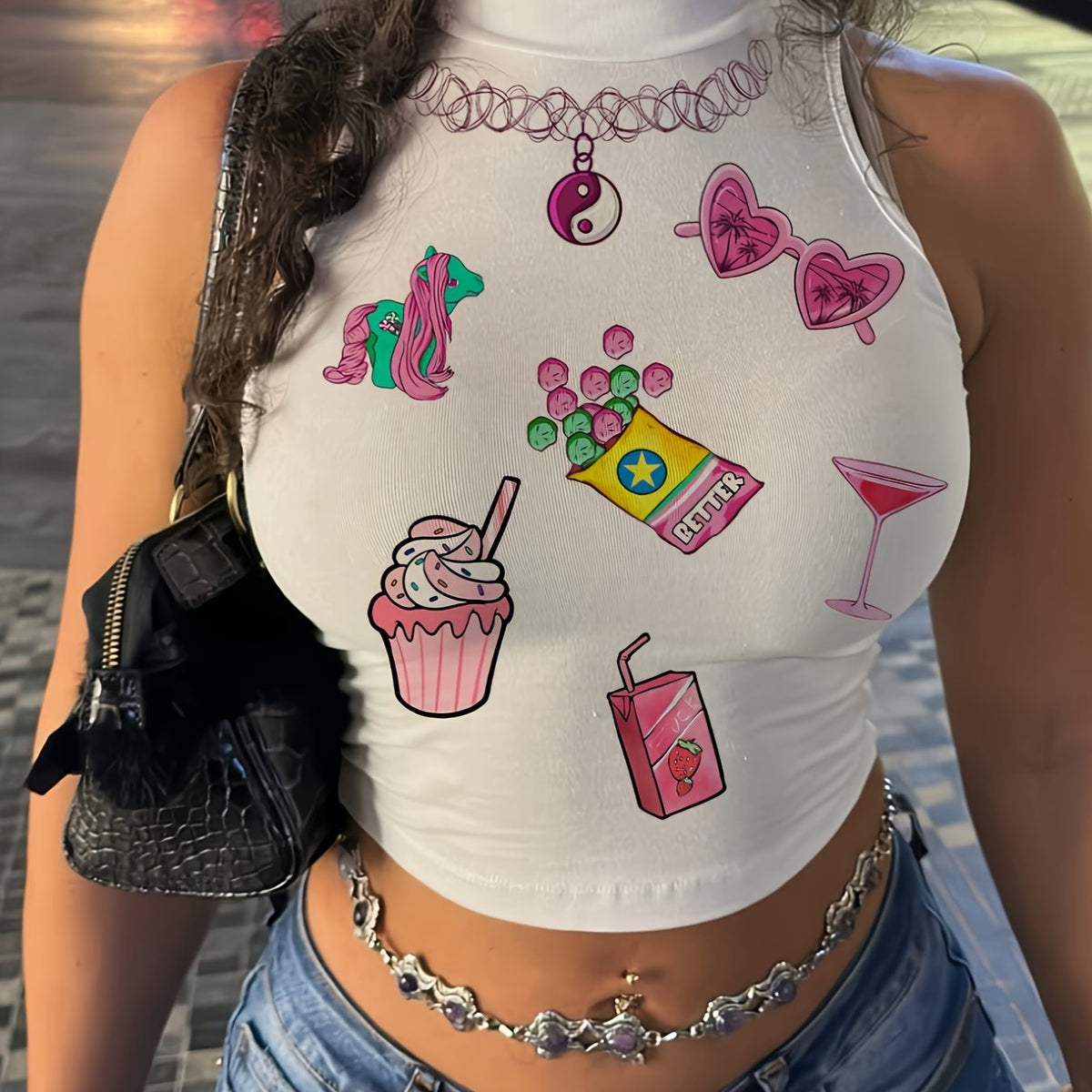Women's Y2K-Inspired Graphic Print Tank Top - Stretchy Polyester & Spandex Blend, Crew Neck, Machine Washable - Perfect for Spring/Summer/Fall, White with Pinkish-Purple Hair Accessories Design SS69 11.69 White / XL