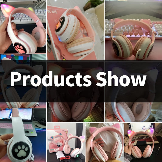 Wireless & Wired Foldable Cat Ear Over-Ear Gaming Headset With LED Lights - Hi-Fi Stereo, Detachable Audio Cable, Built-in Mic, USB Rechargeable, Perfect Gift For Anime & Gaming Girls SS69