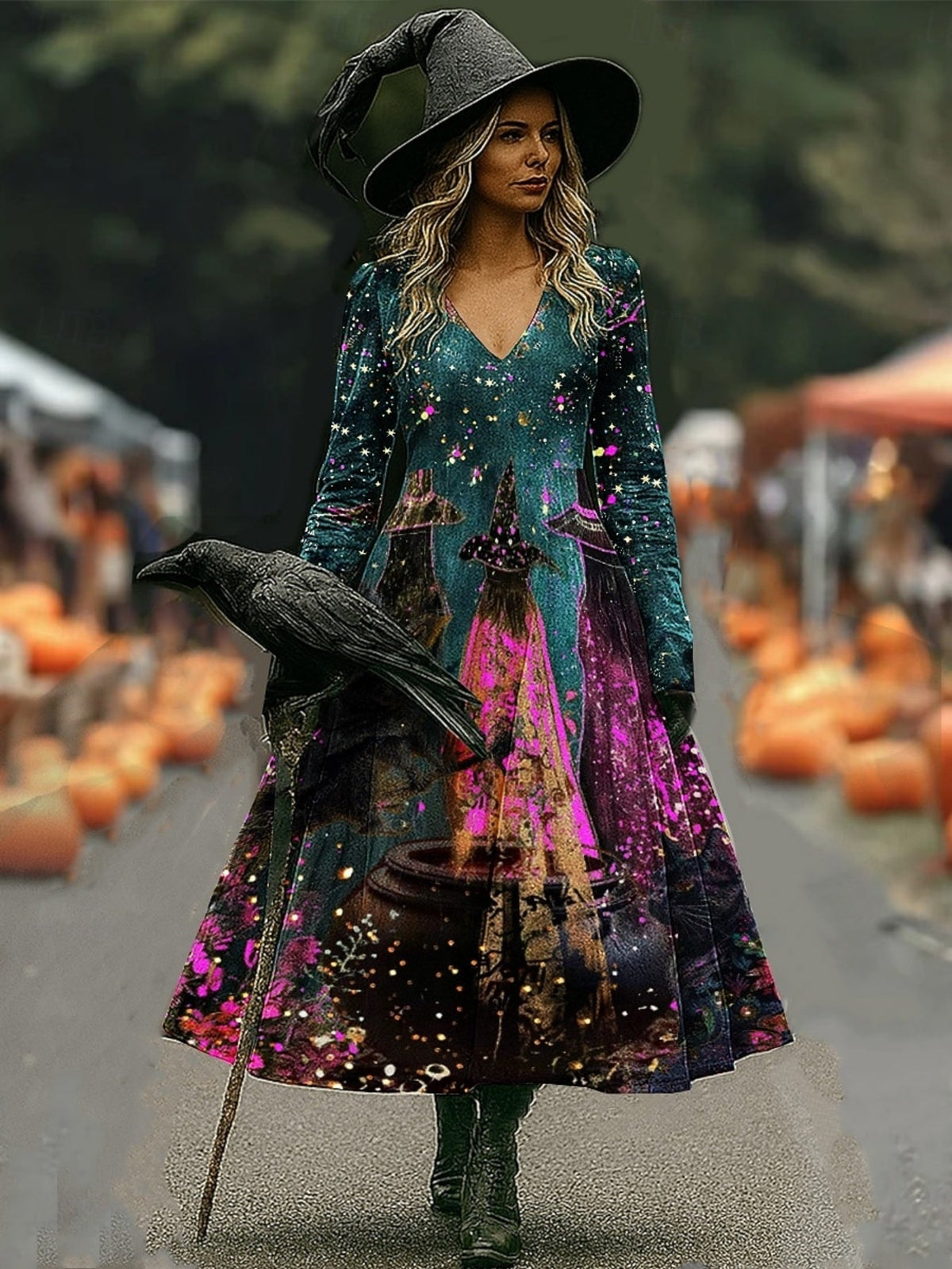 Women'S Gothic Victorian-Inspired V-Neck Long Dress with Ruffled Hem & A-Line Silhouette - Warm Breathable Winter Dress, Loose-Fit Long Sleeve Elegant Party & Everyday Outfit in Deep Purple & Black, Sizes XS-XXL for Themed Ev SS69