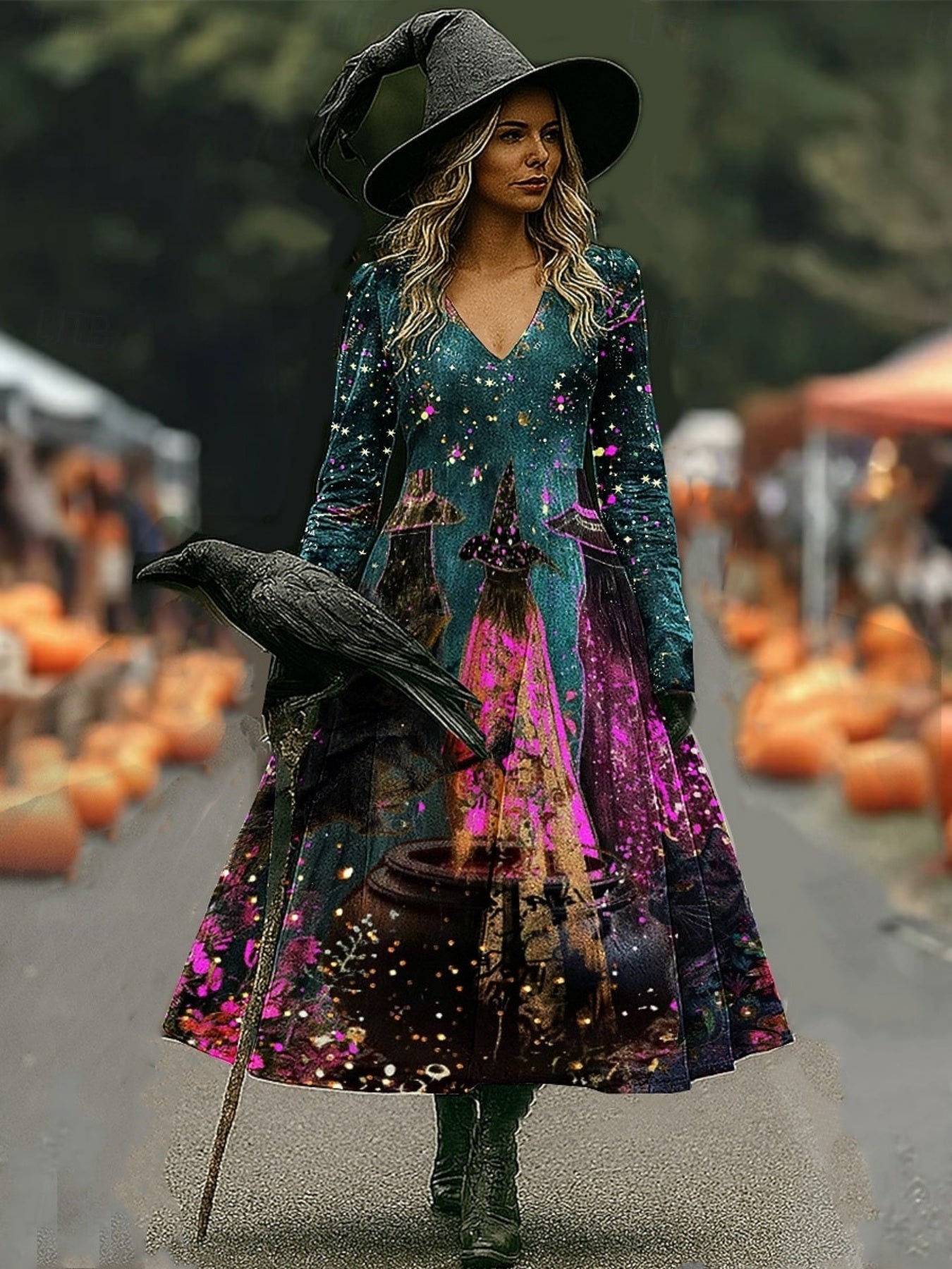 Women'S Gothic Victorian-Inspired V-Neck Long Dress with Ruffled Hem & A-Line Silhouette - Warm Breathable Winter Dress, Loose-Fit Long Sleeve Elegant Party & Everyday Outfit in Deep Purple & Black, Sizes XS-XXL for Themed Ev SS69