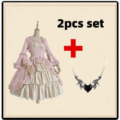 Medieval Victorian Steampunk Costume Dress Set - Square Neck Corset Bodice, Ruffled Lace-like Skirt & Waist Sash with Free Necklace - Renaissance Faire,, Themed Party Outfit for (Burgundy/Maroon)