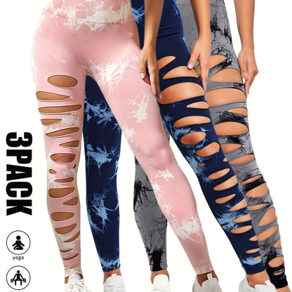3 Pack High Waist Tie Dye Cutout Yoga Leggings - Scrunch Butt Lifting, Tummy Control, Elastic Workout Pants for Women SS69 42.69 3 Pack-GRY-BLU-PNK / S