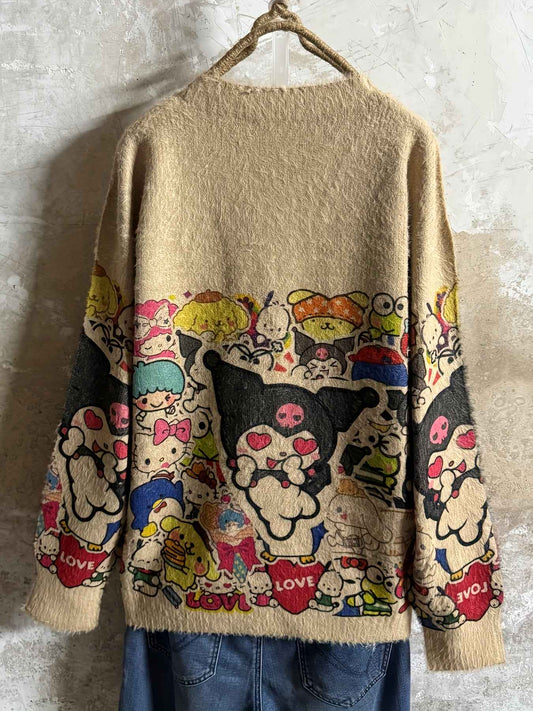 Sanrio for kuromi Women'S Vintage-Inspired Faux Fur Sweater - Cozy Loose Fit, Color-Block Design with Playful Cartoon Print, Long Sleeves, Round Neck, Perfect for Fall/Winter, Casual Wear, Casual Wear Sweater | Playful Print