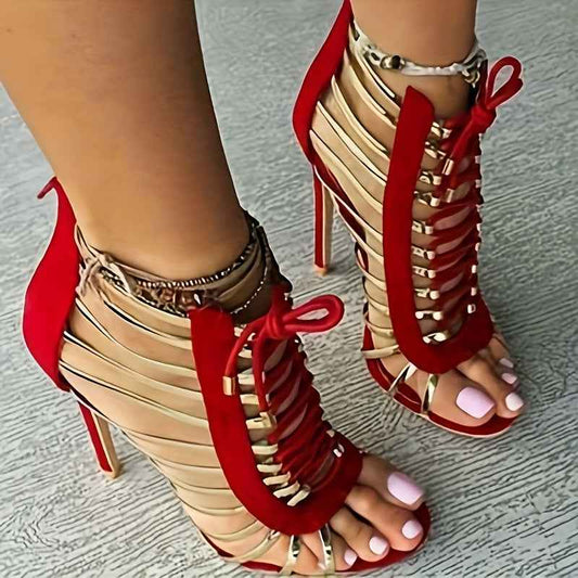 Black/Red Women's Hollow Lace-Up Heel Sandals Slim High Heel, Open Toe & Side Zipper Summer Evening Dress Shoes