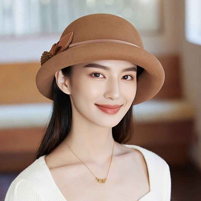 Women'S Elegant English Style Felt Hat - Lightweight Thermal Wide Brimmed Winter Bucket Hat with Brown Neckline, Soft Non-Elastic Design & Ear Flaps, All-Season Snug Fit for Weddings, Parties, New Year'S Events - Machine Wash