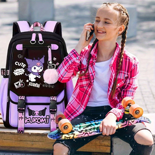 Sanrio for kuromi Backpack - Cute Cartoon Laptop Bag with Pink Bows, Large Capacity Travel Backpack for Women, Durable Polyester Lining, Multiple Compartments, Black/White, Backpack for Travel, Casual Daypack, Playful Design,
