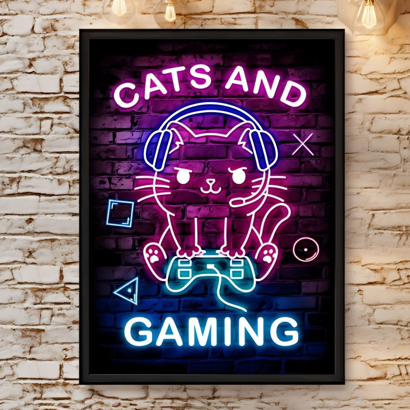 Room Decor 1pc Chic Cat and Neon Gaming Canvas Print Poster, Vibrant Wall Art Decor, Unique Creative Animal & Cartoon Themed Canvas Artwork, 30.48cm x 40.64cm with Frameless for Living Room, Bedroom, Office, Dining Room, Wate SS69