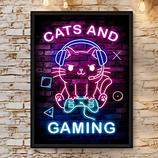 Room Decor 1pc Chic Cat and Neon Gaming Canvas Print Poster, Vibrant Wall Art Decor, Unique Creative Animal & Cartoon Themed Canvas Artwork, 30.48cm x 40.64cm with Frameless for Living Room, Bedroom, Office, Dining Room, Wate SS69